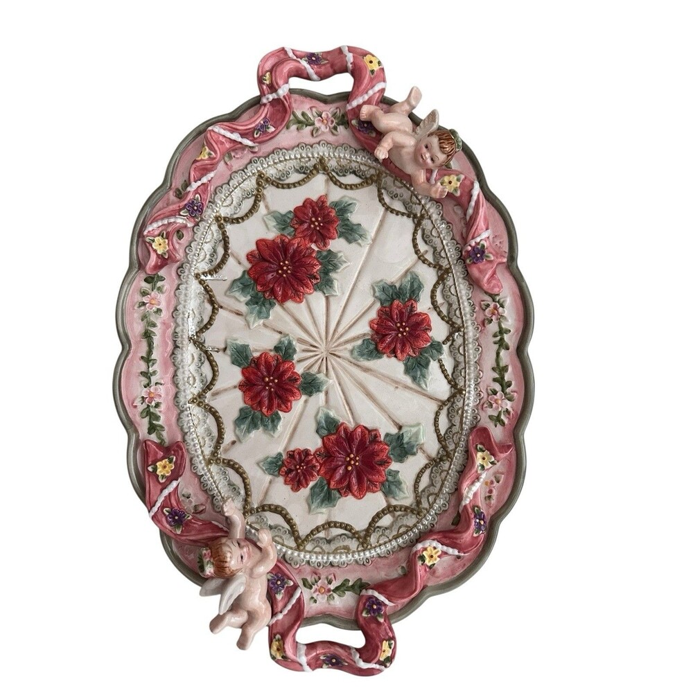 Vintage Italian Capodimonte Style Platter W/Cherubs, Poinsettia, Ribbon, Pink